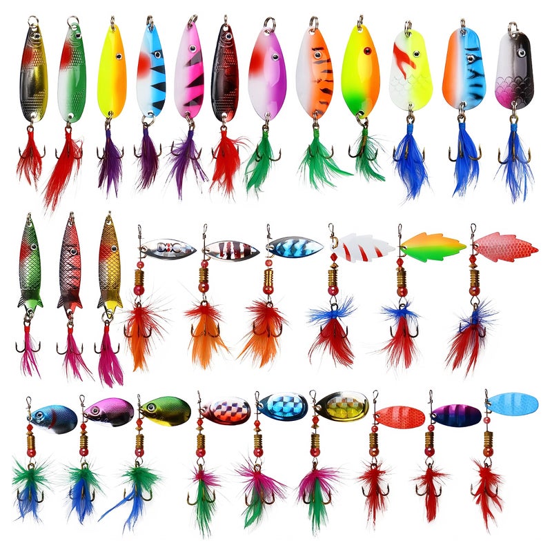 OROOTL Rooster Bait Tail Fishing Lures Kit, 30pcs Spinner Baits Trout Lures Kit Metal Spoons with Feathered Treble Hooks Inline Spinnerbaits for Bass Trout Walleye Freshwater Saltwater - Image 1